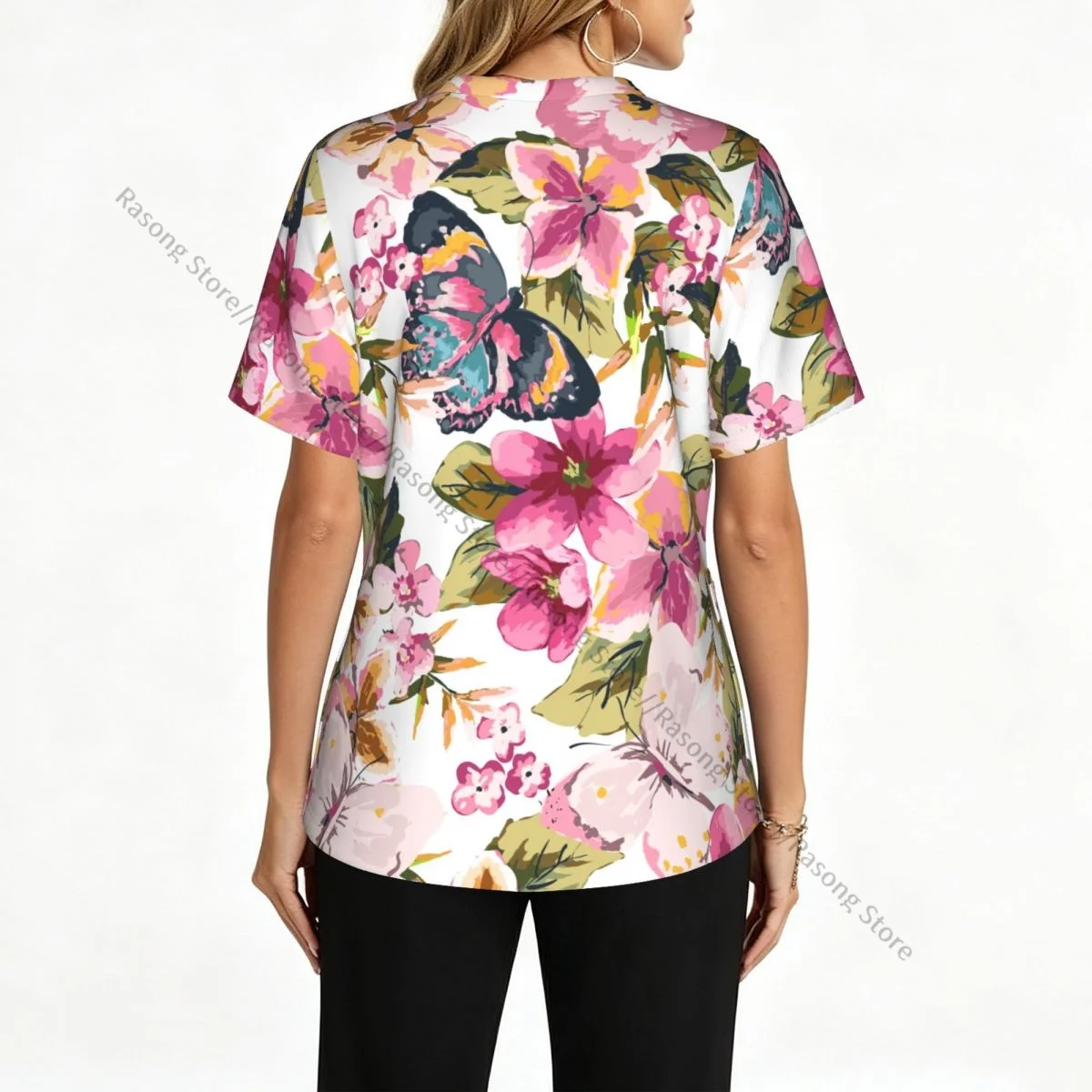 Butterfly With Floral Scrubs tops medical uniforms women V Neck Stretch Scrub Shirt Dentist doctor Blouse