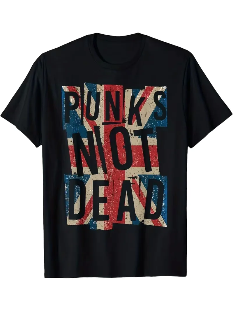 

Men's "Punks Not Dead" Vintage British Flag Graphic T-Shirt - Black, Short Sleeve, Crew Neck, 100% Cotton, Machine Washable