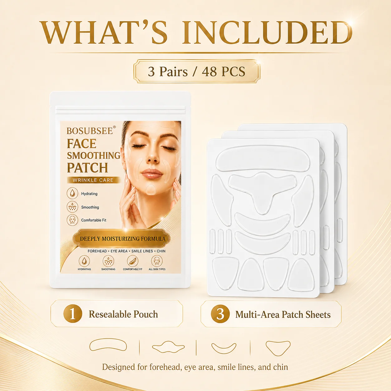 48Pcs Multi-Zone Face Smoothing Patches, Pre-Cut Facial Care Patches for Forehead, Eye Area, Smile-Line Area & Chin, Daily Skinc