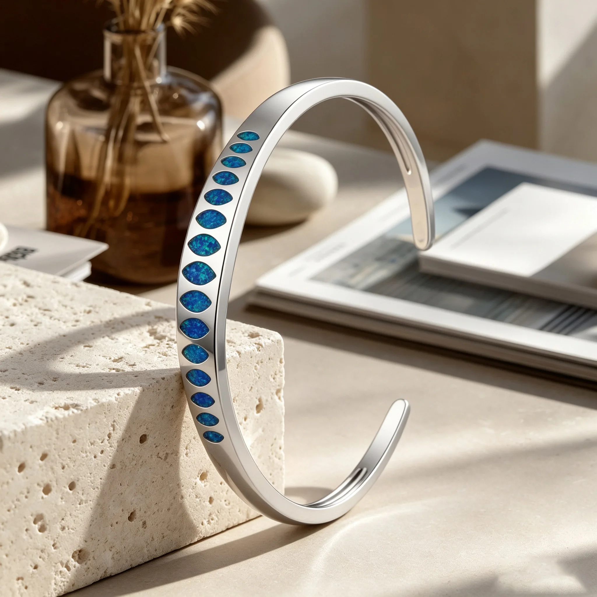 Modern Minimalist Marquise Opal Cuff Bracelet for Women Slim Open Bangle for Daily Wear Work Party Birthday Anniversary Gift