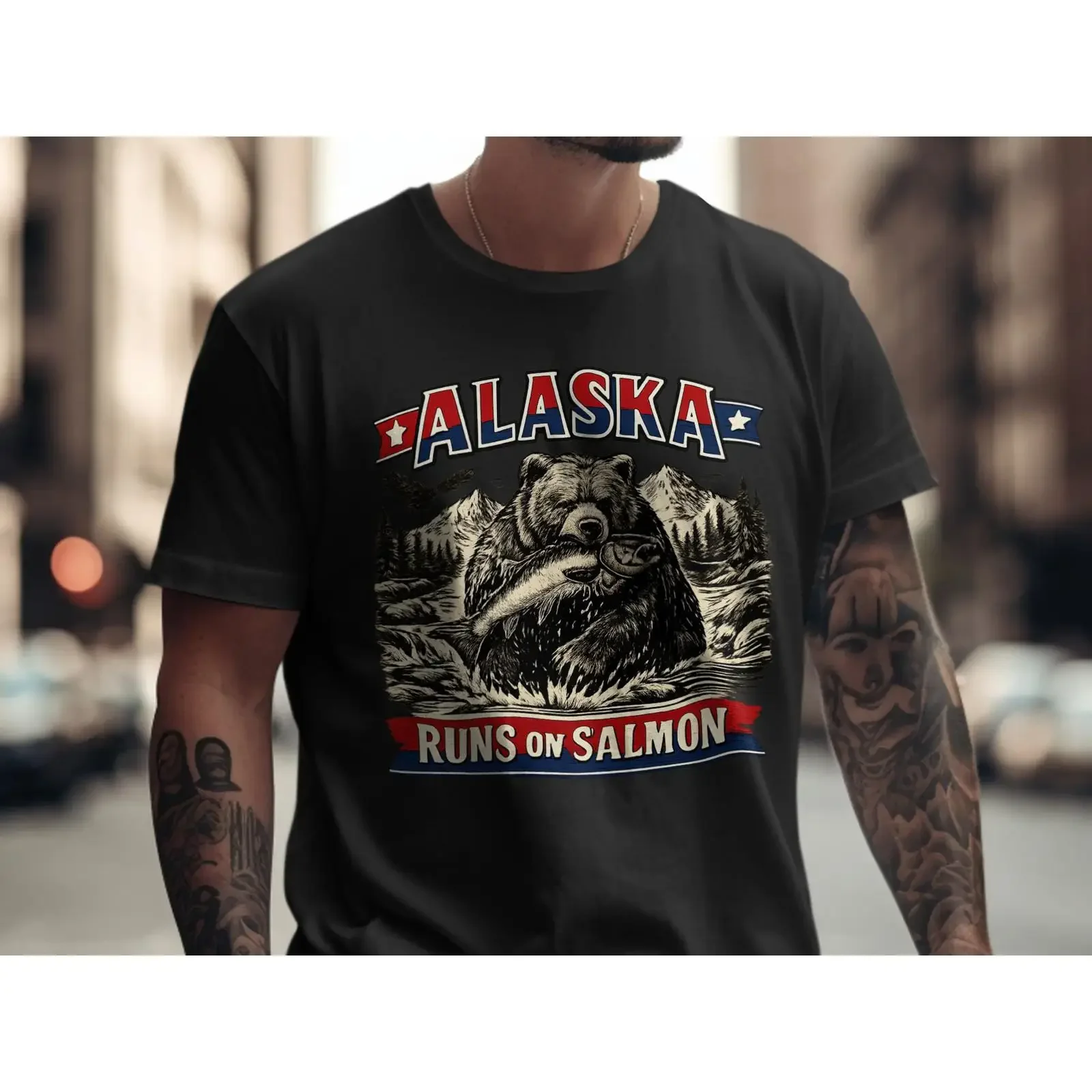 Alaska T Shirt Runs on Salmon Bear Outdoor Adventure Patriotic vintage Washed homme Unisex Stylish Comfortable Soft Versatile