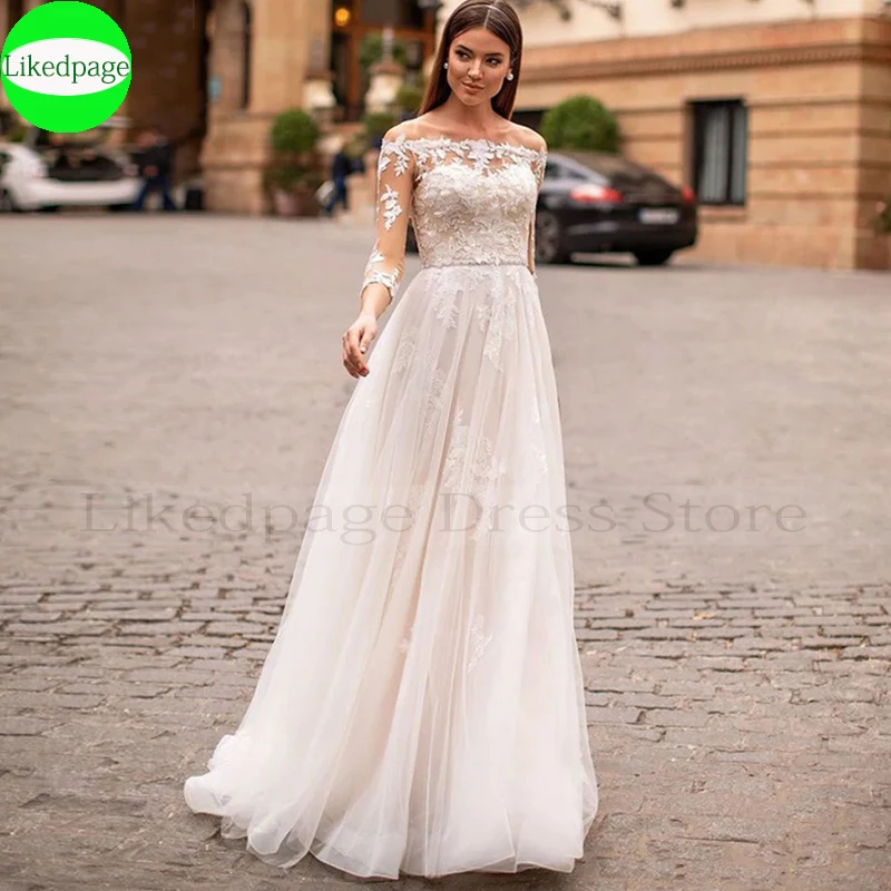 Elegantes vestidos de casamento Strapless A Line, Boat Neck, Apliques Lace, Vestido nupcial Boho com mangas, 2024