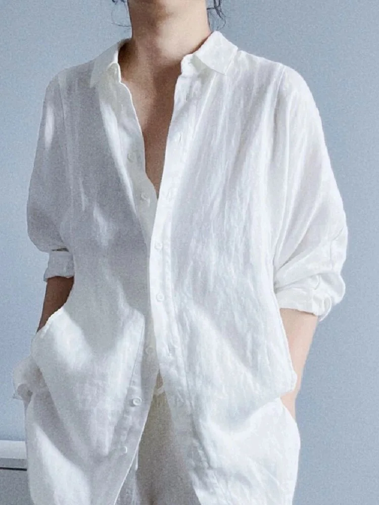 

Sun Protection Linen Cotton Blend irt Women's Summer Thin Collar White Flip Linen Top Simple Sle Long Sve Pure Color
