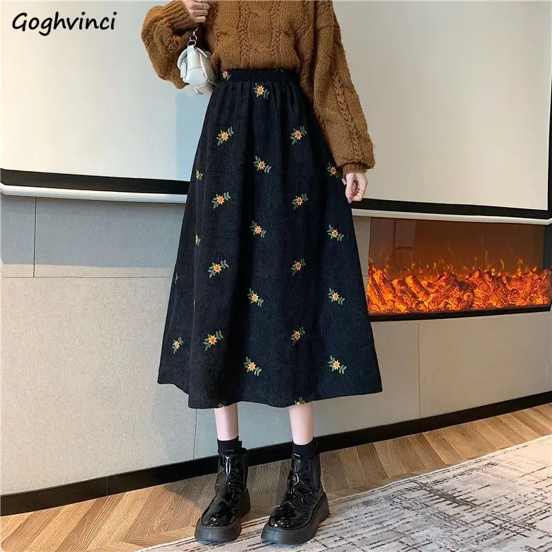 

Corduroy Skirts Women Mid-length Floral A-line Elegant Temper Chic Korean Fashion Ins High Waist Autumn Winter Gentle Trendy