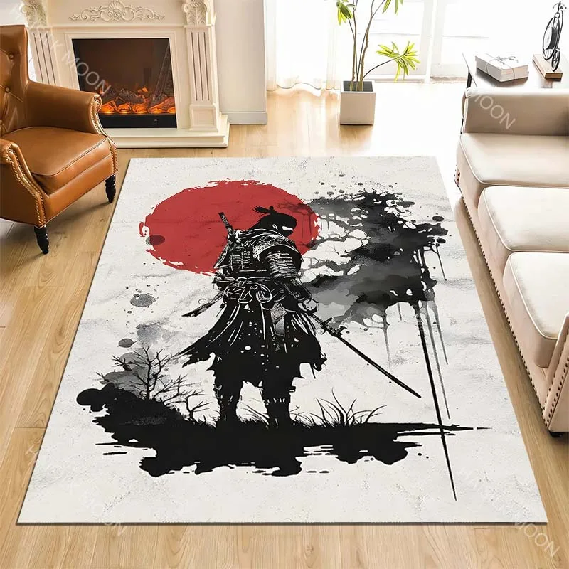 Samurai and red sun ink painting Print Carpet Rug for Living Room Bedroom Sofa Doormat Home Decor Non-slip Floor Mat