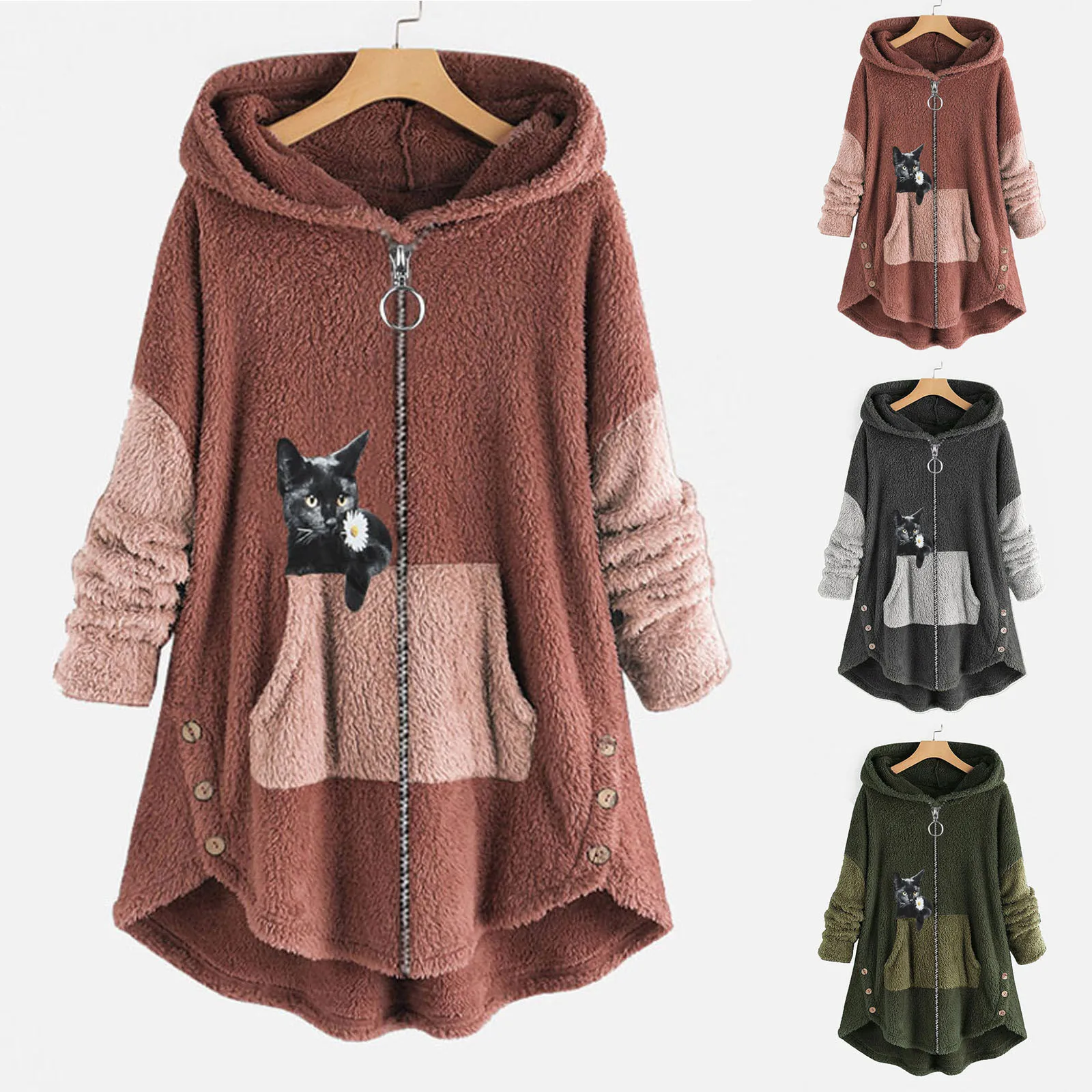 Dames sherpa-knoopjas met lange mouwen, trui, pluizig fleece-sweatshirt, casual losse pluizige hoodies, warme winterjassen