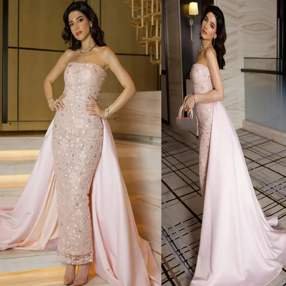 

Bling Boat Collar Sequins Evening Dress for Women Sheath Backless Prom Gown with Detachable Train Customized شارون