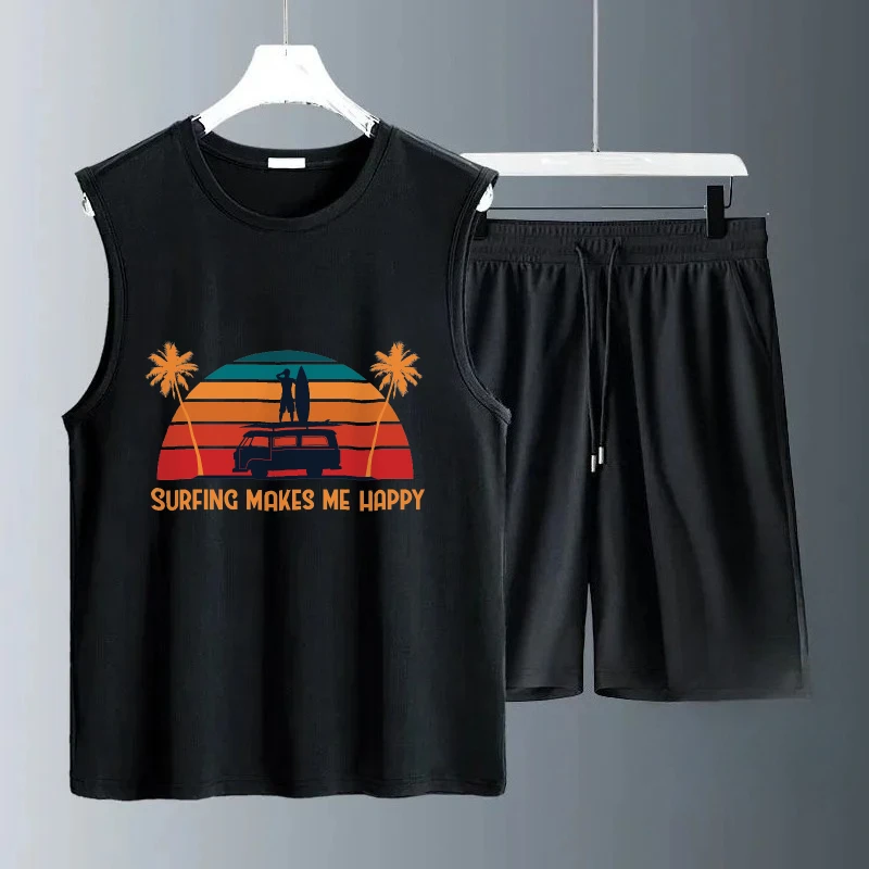 ملابس يومية صيفية لعام 2025 للرجال طباعة تجريدية للأشخاص الذين يقفون على الحافلة مجموعة بدون أكمام ملابس كاجوال مريحة وخفيفة الوزن للرجال