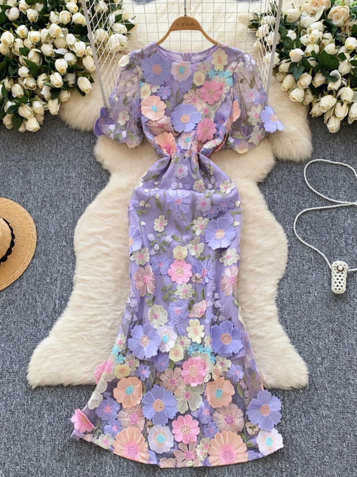 Luxury Lace Long Dresses Women Summer Holiday 3D Flower Embroidery Short Sleeve Mermaids Robe Evening Wedding Dress Female