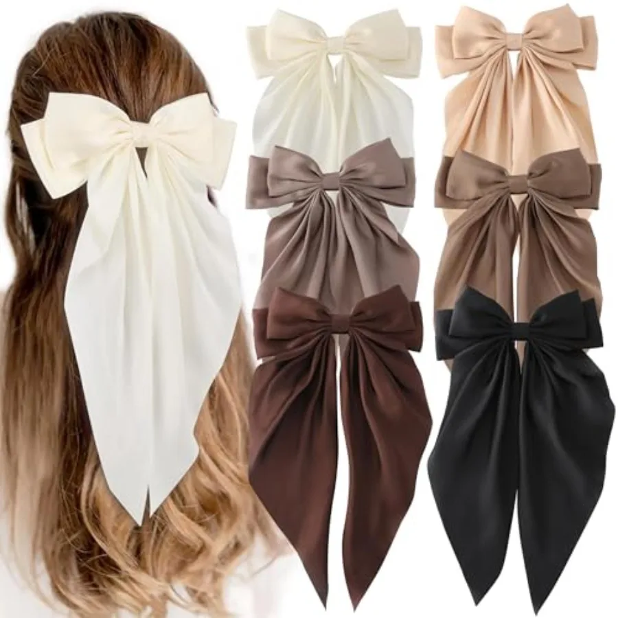 

6 PCS Hair Bows for Women, Big Bow Hair Clips for Girls, Silky Satin Hair Bows Clips Oversized Long Tail, Large Hair Barrettes