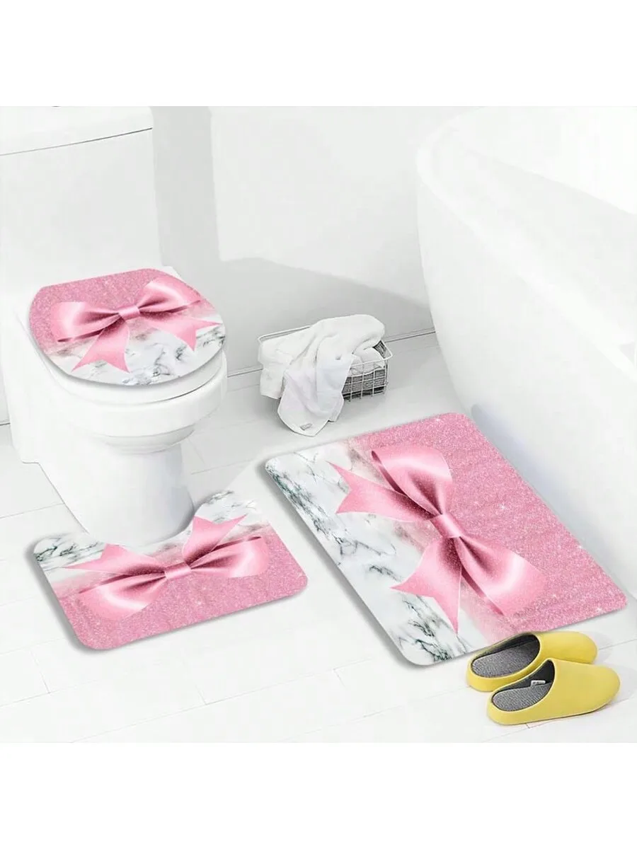 

Pink Bow Marble Print Bathroom Mat Set Waterproof Toilet Cover And Floor Mats For Adult