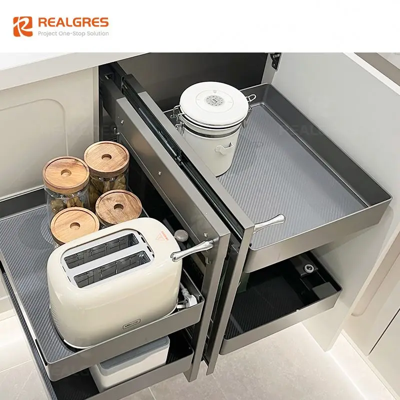 Customized French Hinge Equipped Modular Cupboard With Drawer Basket Integrated Island Smart Storage Modern Kitchen Cabinets