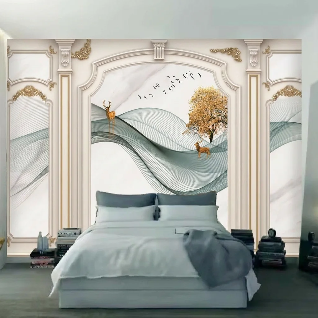 Self-adhesive mural for bedroom headboard background, featuring 3D simulation background and Roman column design.