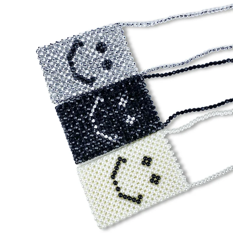 

Spring and Summer New Handmade Pearl Smiling Face Bag for Women, Cute Change Mobile Phone Bag, Woven One Shoulder Crossbody Bag
