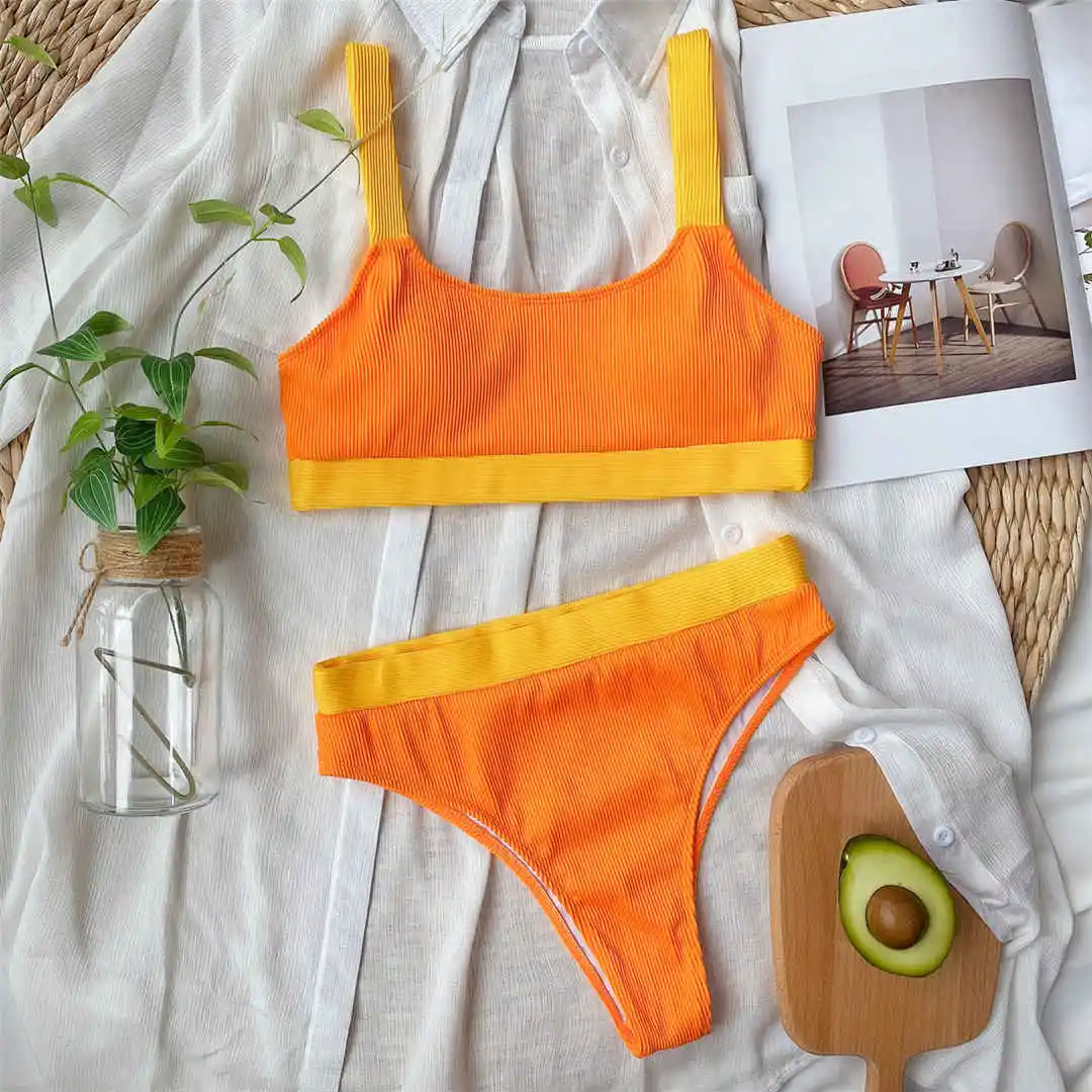 Neuer, verführerischer, gerippter Badeanzug mit aufgesetzten Elementen, hoch geschnittener Bikini, Damen-Badebekleidung, zweiteiliges Bikini-Set, Badeanzug, Badebekleidung, Modell V2329. – Detail 20