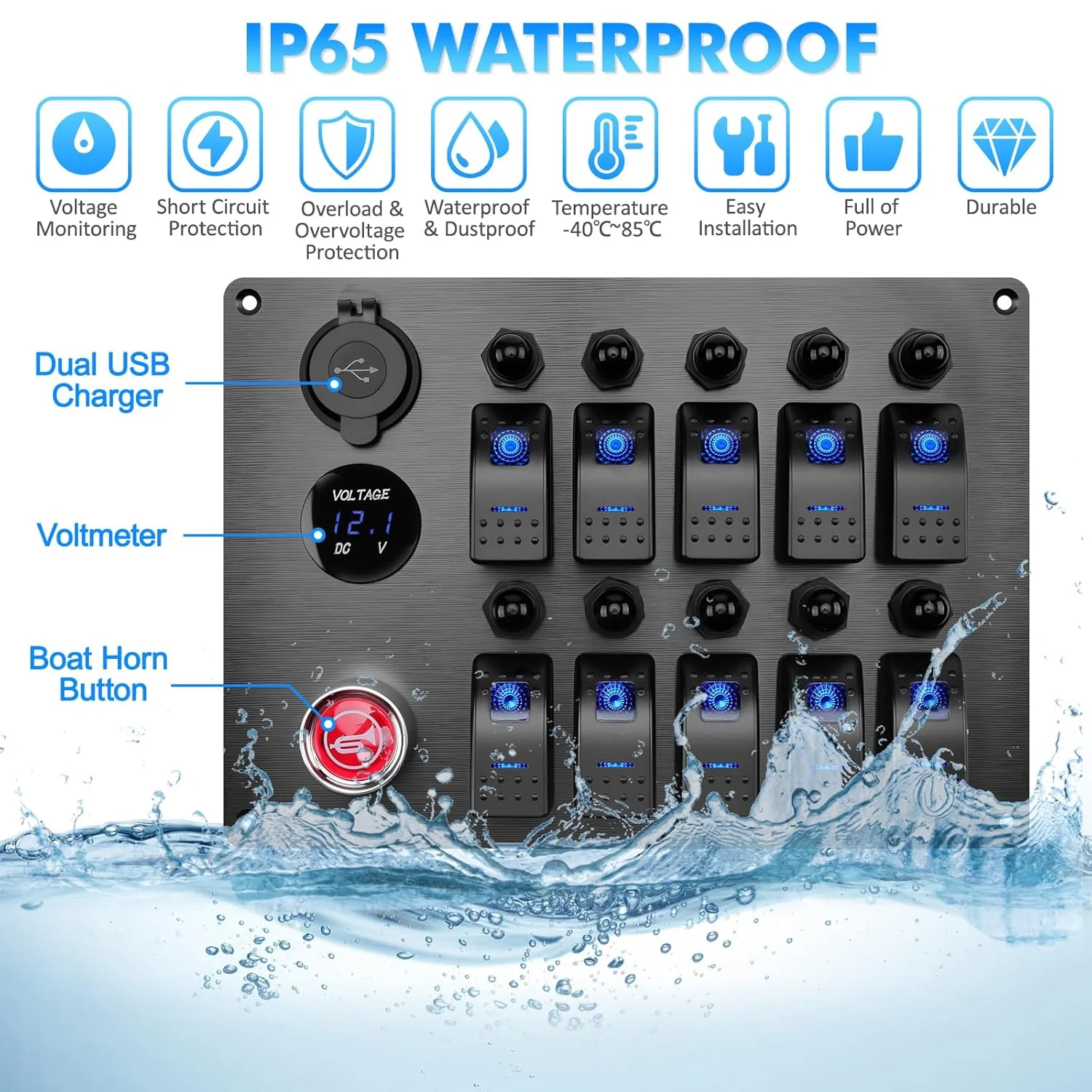 10 Gang Marine Rocker Switch Panel with LED Circuit Breaker & Horn Button Dual USB Charger Voltmeter for Car RV Truck Boat