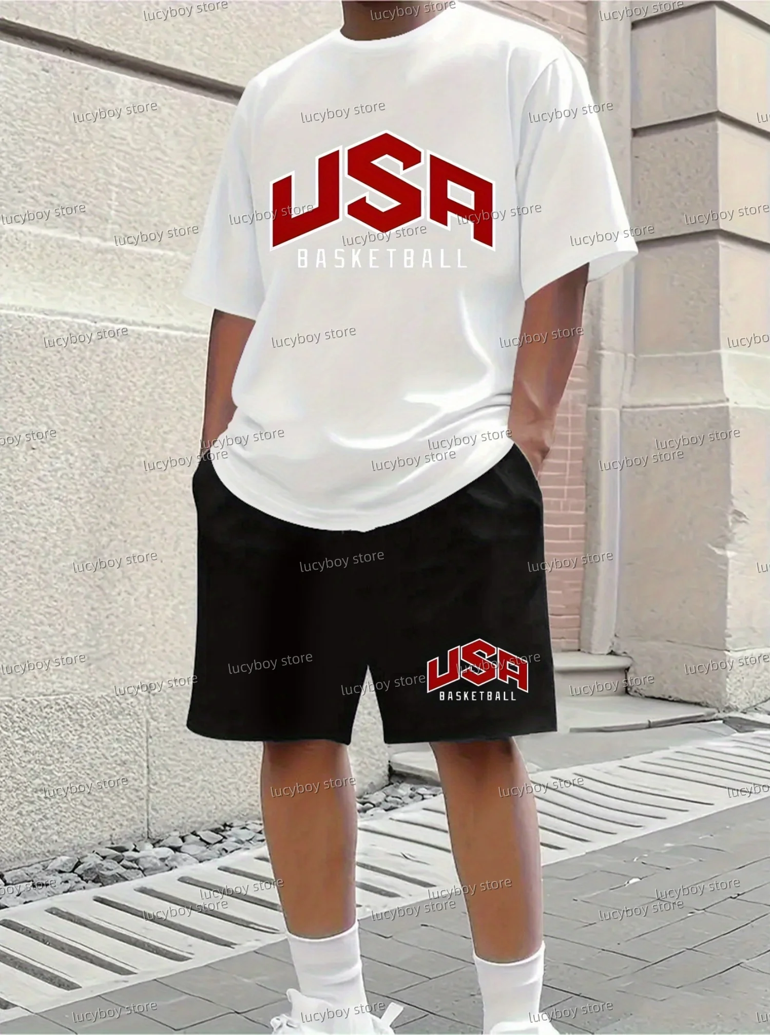 Summer Polyester USA Basketball Print Sport T-Shirt+Shorts Set Men Jogging Luxury Tracksuit Outfit 2 Piece Set Men Clothes