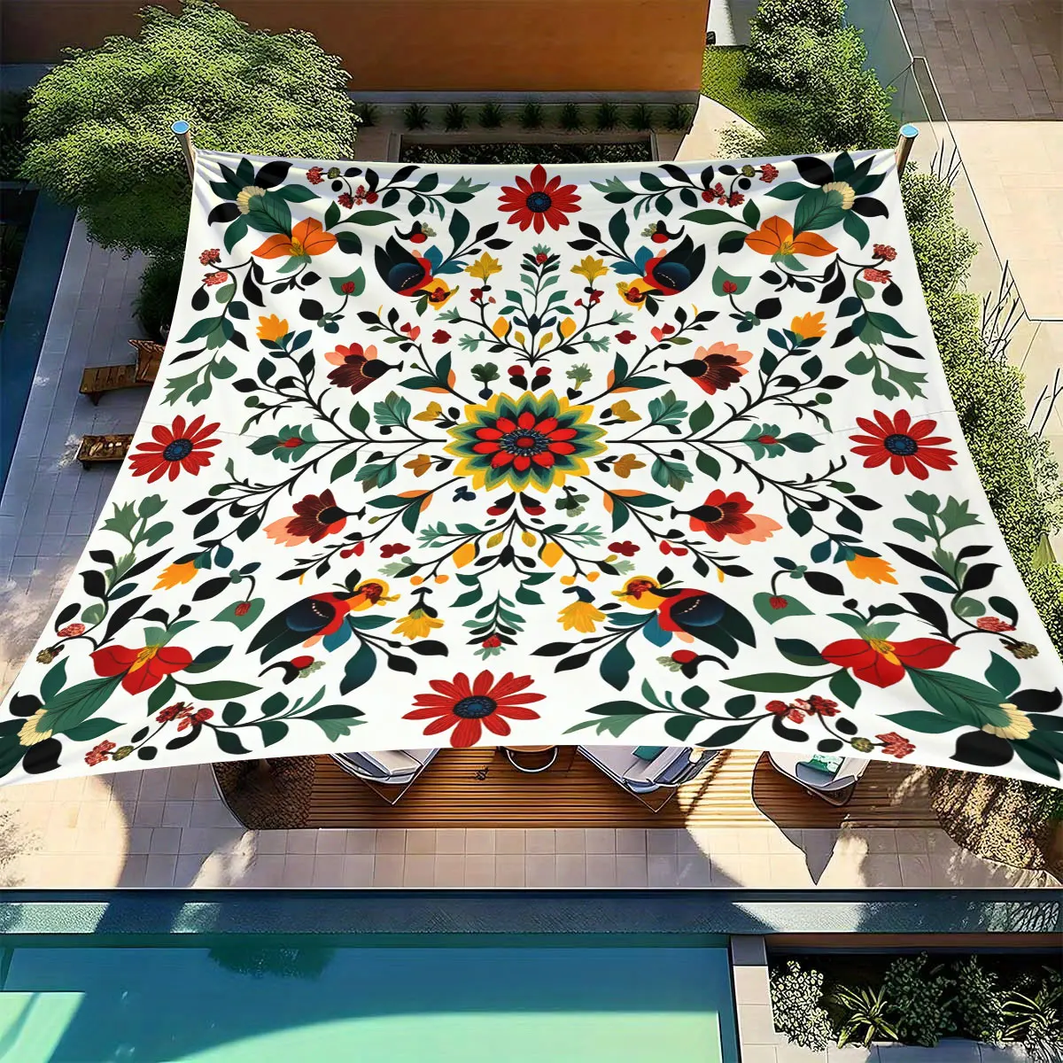 1 Piece Traditional Floral Folk Art Pattern Outdoor Awning and Beach Shade-Vibrant Red/Orange/Yellow/Black Design, Heavy Duty