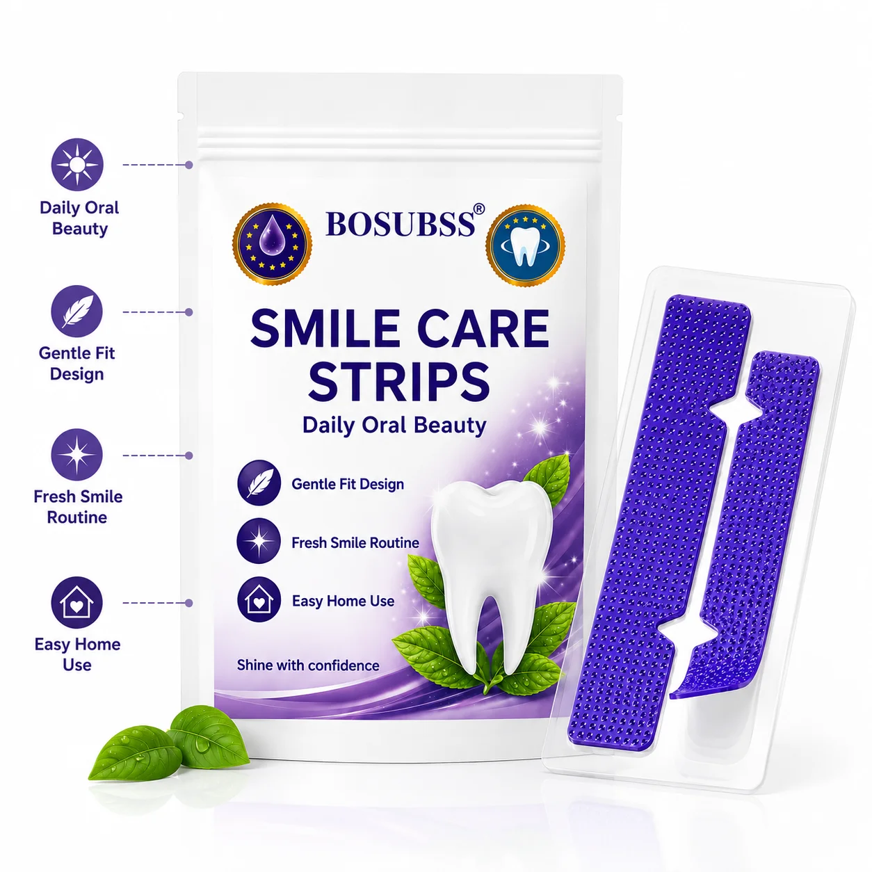 1Pair Purple Smile Care Strips, Upper and Lower Oral Beauty Strips with Flexible Fit, Easy-Peel Design for At-Home Smile Routi