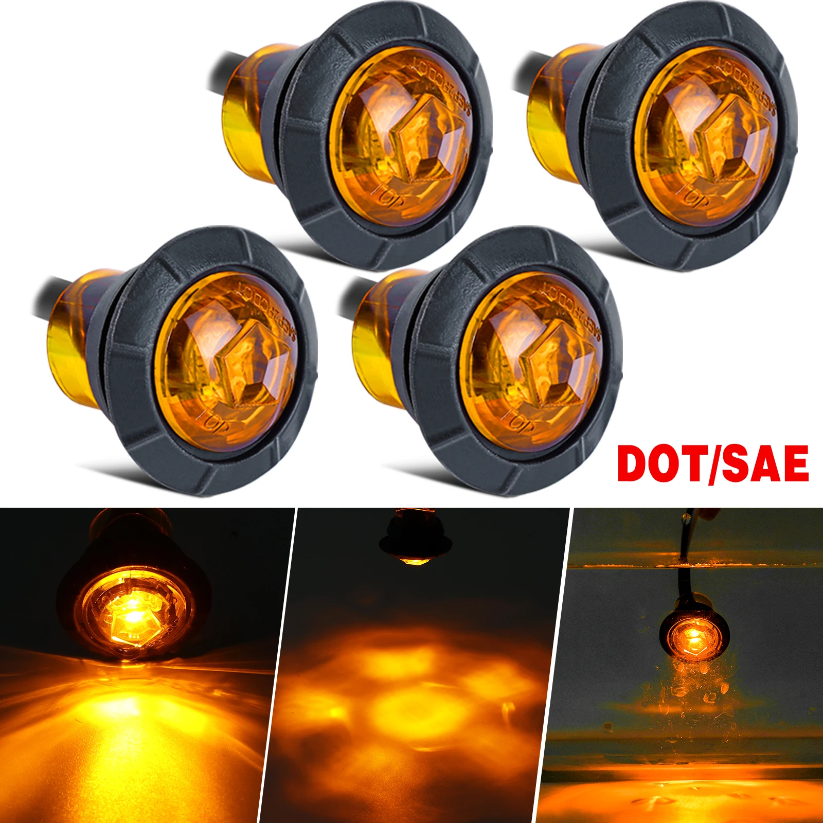 Оранжевая боковая лампа янтарного цвета с круглой пулей, 3/4 дюйма, водонепроницаемая, IP68, для автомобиля, грузовика, прицепа, автобуса, 12 В, Универсальная Точка