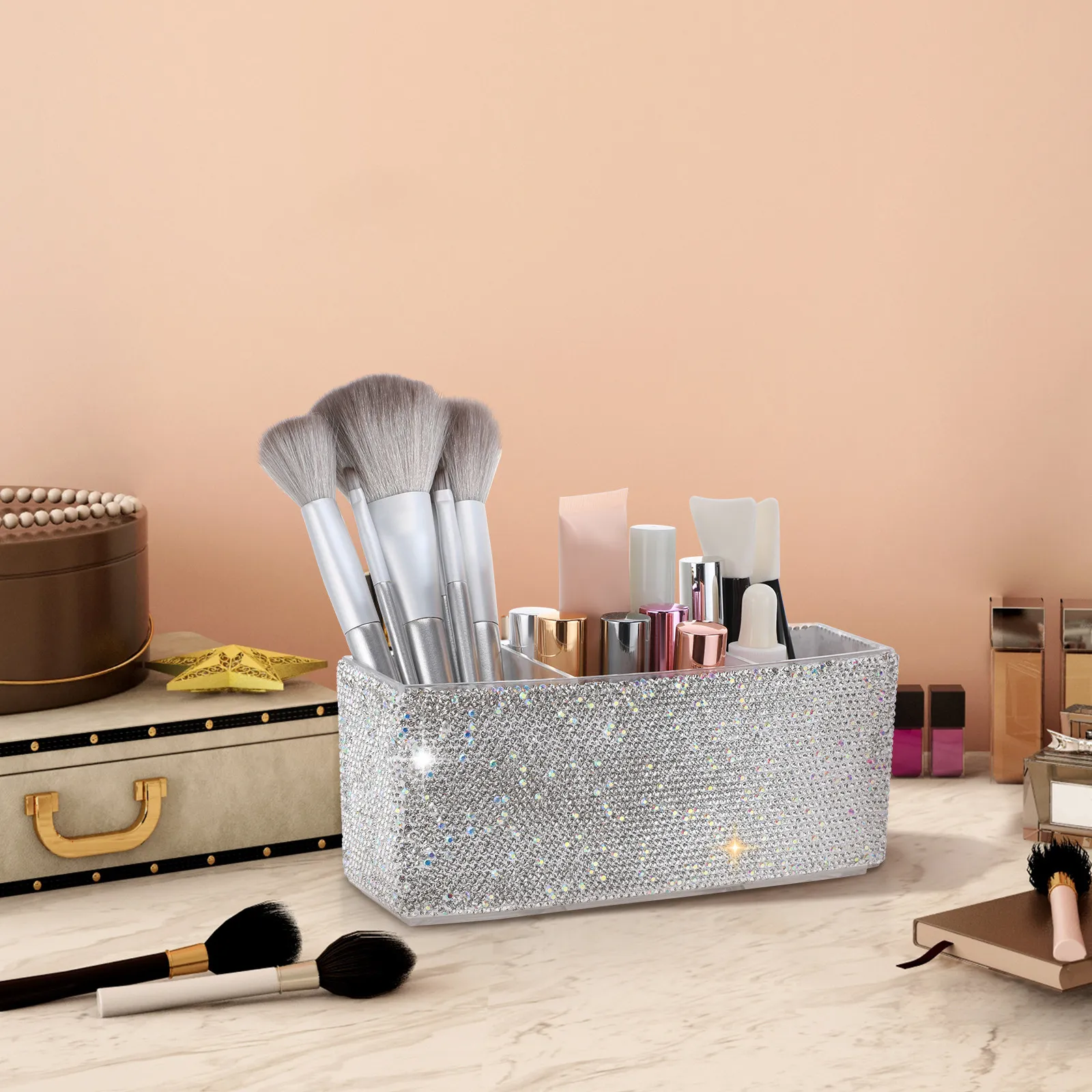 Chic Multi Compartment Bling Makeup Organizer for Vanity Desk Or Bedroom Sparkling Rhinestone Brush Holder Light Luxury