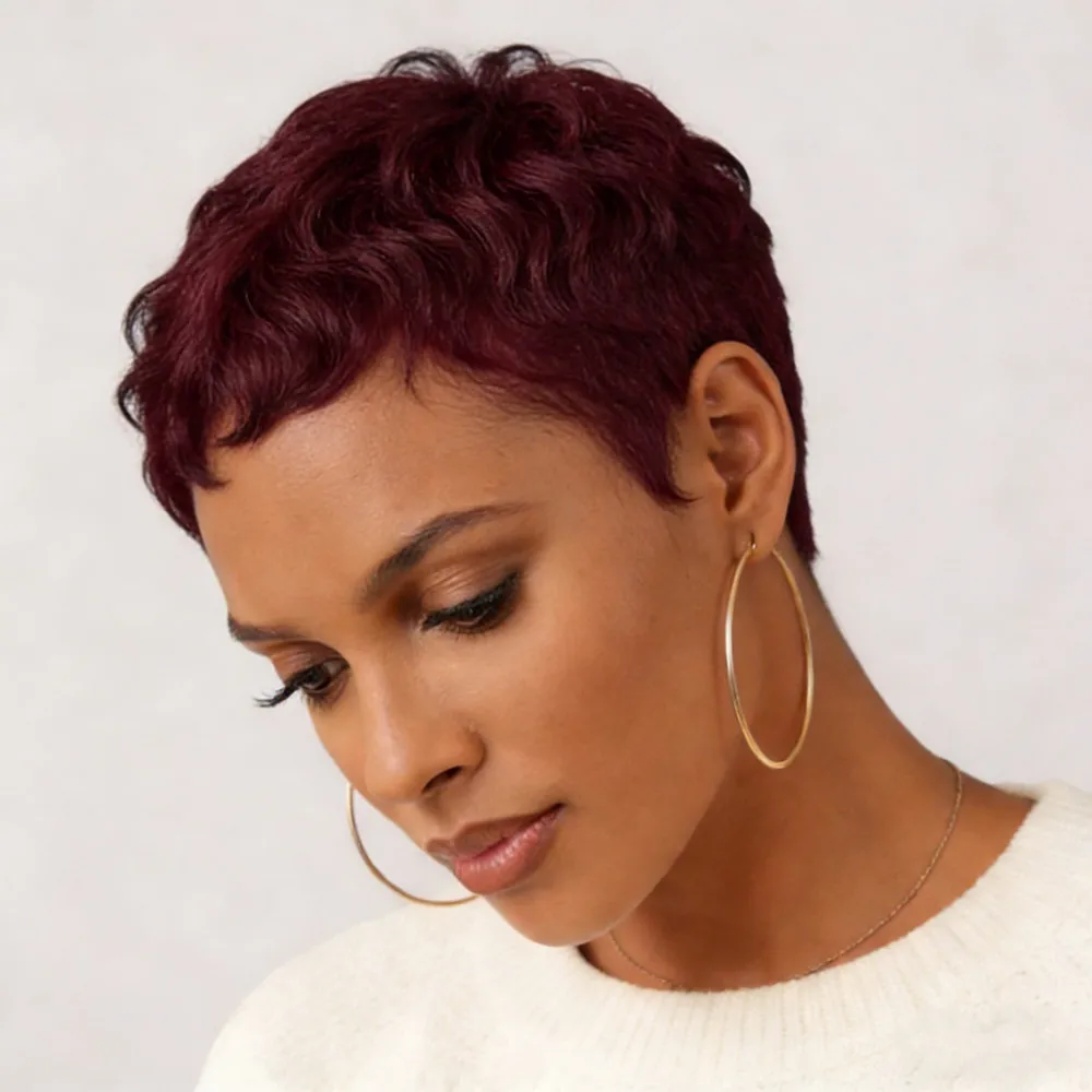 

Машинная работа, парик из натуральных волос, стрижка пикси, коричнево-черно-бордовый цвет, для женщин, для повседневного использования и вечеринок, короткий, прямой, многослойный.