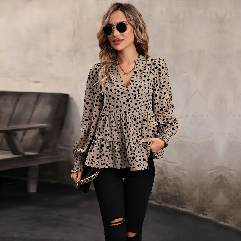 Blusa de manga larga con estampado de leopardo para mujer, camisa elegante con volantes y cuello en V, Tops a la moda