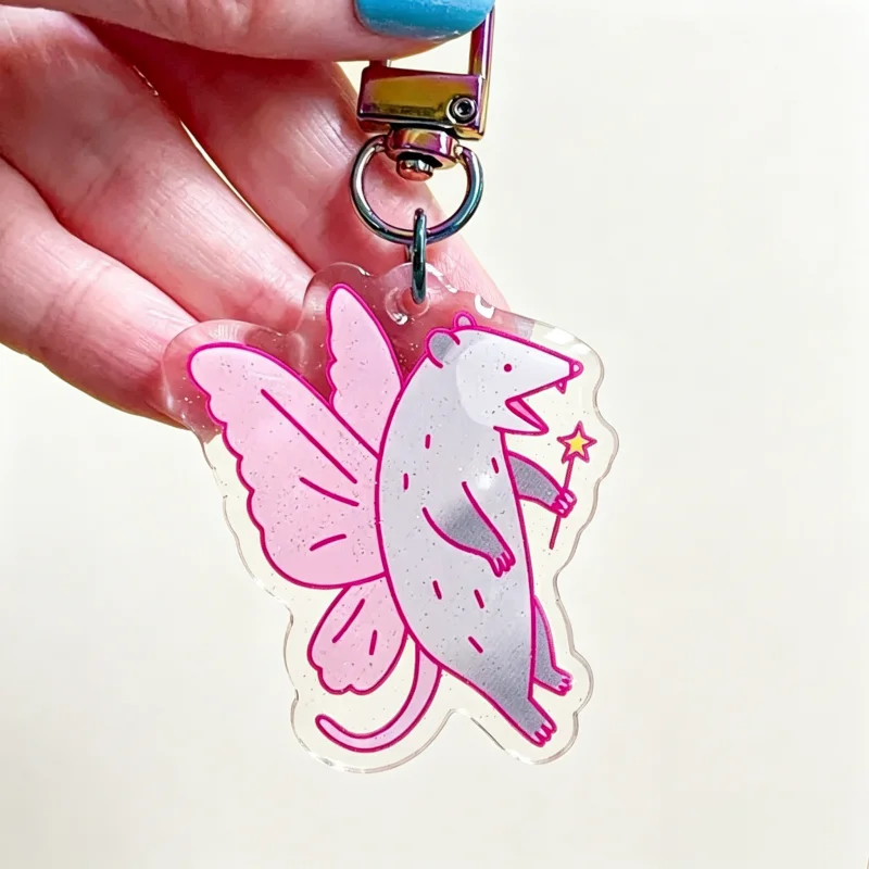 2 Inch Funny Fairy Opossum Acrylic Bag Charm Keychain, Whimsical Animal Pendant Gift