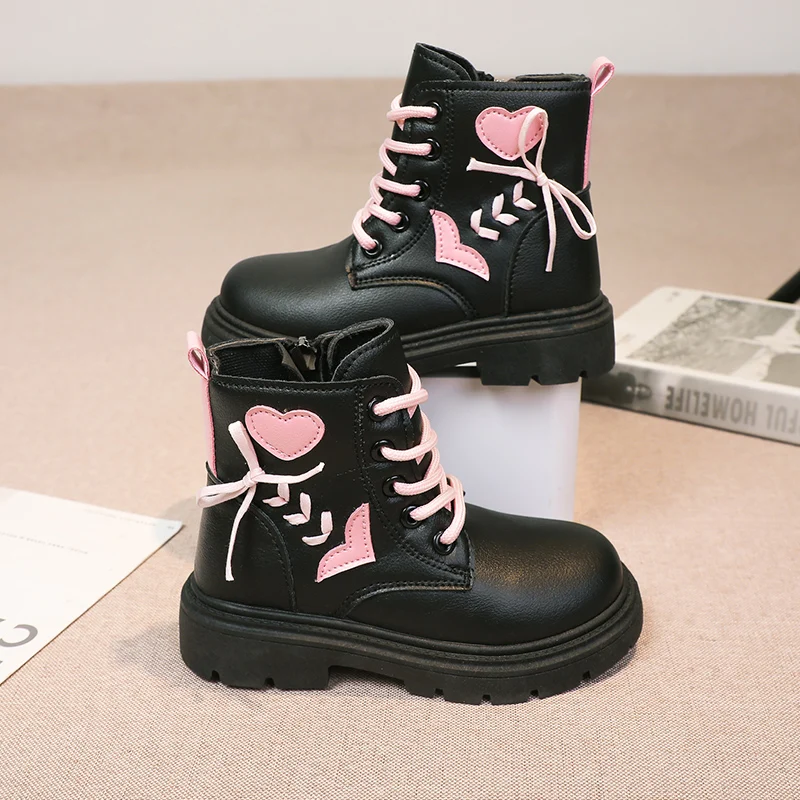 Children Fashion Boots Girls Ankle Boots Pink Elegant Zipper Cool Love Pattern Kids Princess Leather Boots Non-slip Size 26-37