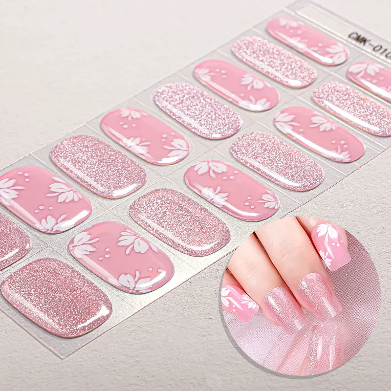 16Tips French Flowers Gel Nail Strips Long Lasting Full Cover Glitter Baking-Free Gel Nail Stickers DIY Manicure Decoration