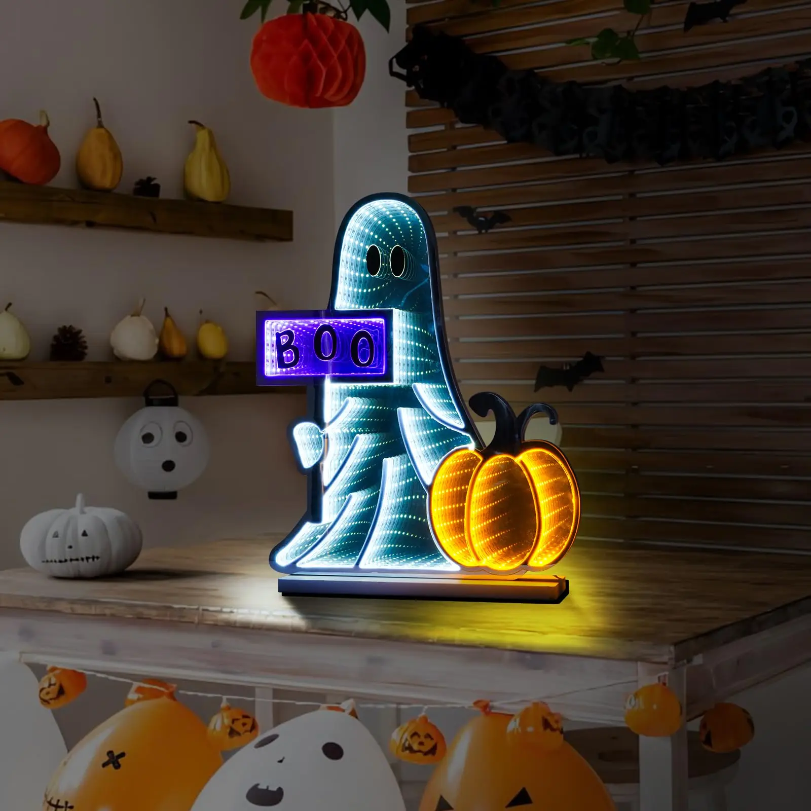 3D Mirror Tunnel Light Ghost Pumpkin Neon Sign Lighted USB Powered Wall Decor for Cute Spooky Boo Sign Halloween Party Shelf Hom