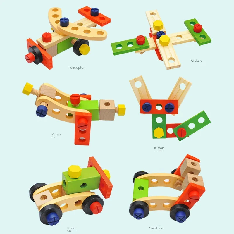 Caixa de Ferramentas Portátil de Madeira LazyChild com Desenhos Animados, Brinquedo Educacional de Montar e Desmontar para Crianças