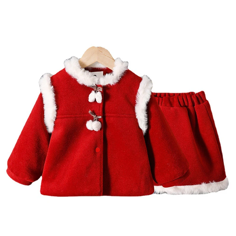 

2023 Korean Style Autumn Winter Girl Christmas Skirt Set Thickened Woolen Coat New Two Piece Kids Clothes For Children 2-7 Years