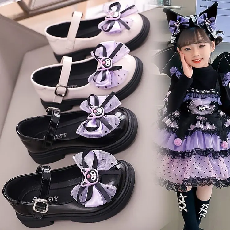 

Girls Leather Shoes Fashion Princess Kids Mary Janes Children Casual Flats Cartoon Kuromi Lace with Bow-knot Sweet Cosplay 26-36