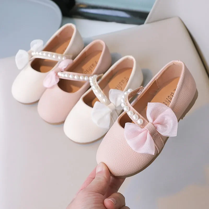 Girls Pearls Leather Shoes for Party Wedding Children Elegant Princess Shoes with Bow-knot Kids Flats Mary Janes Shoes Round-toe