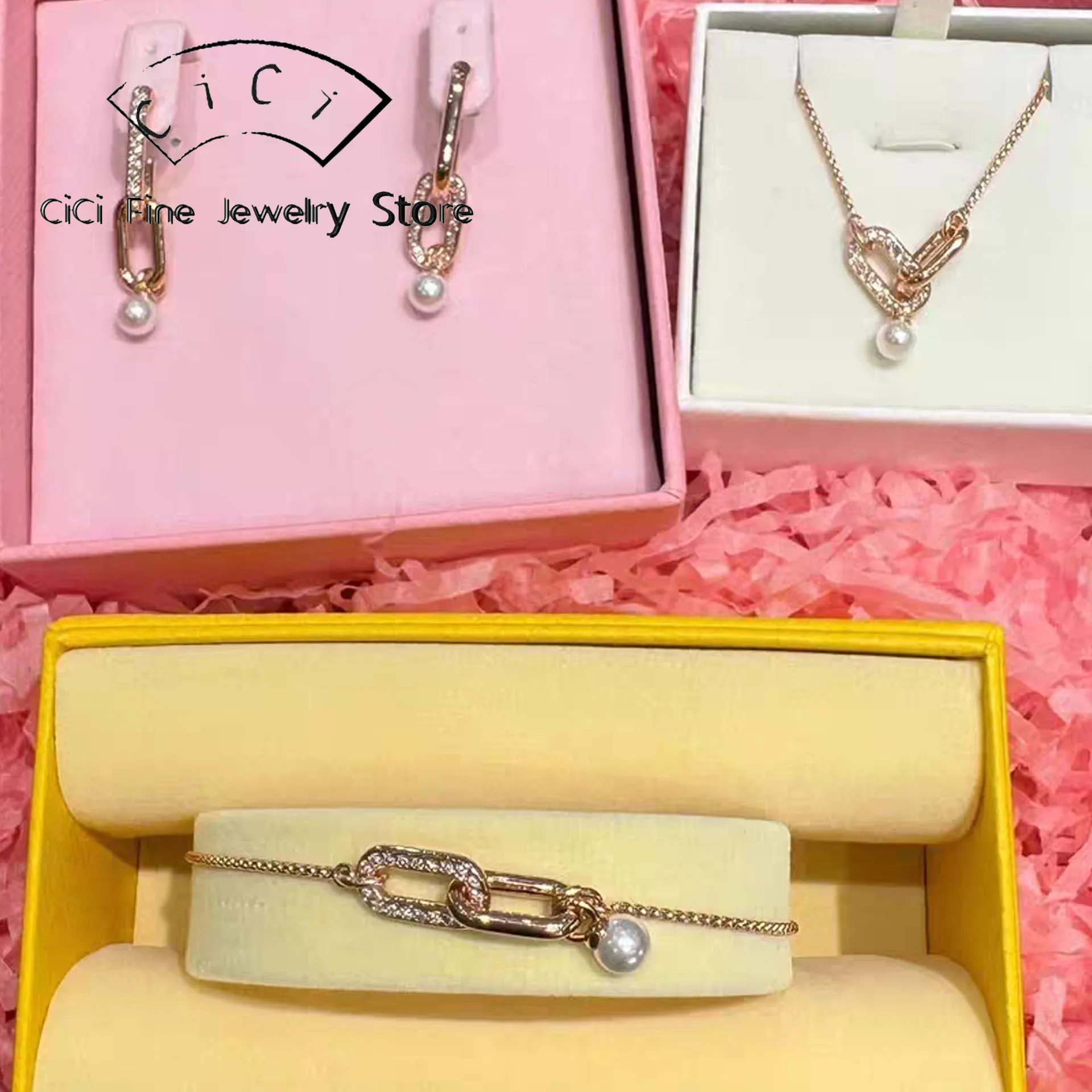 

2025 New Fashion Unique Chain with Pearl Necklace Long Earrings Bracelet Ring Luxury Brand Princess Jewelry Set Memorial Gift