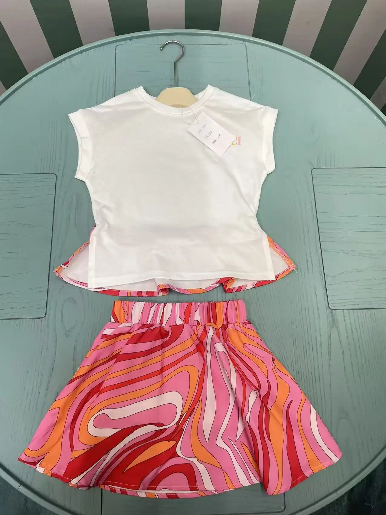 2-piece summer new style girls 2-14 years old sweet sleeveless letter printed top+short skirt set, high-quality