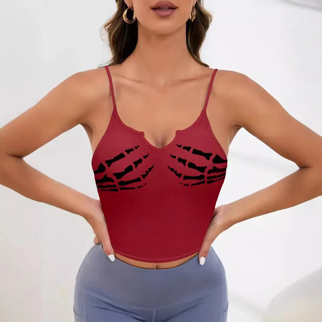 Halloween Skeleton Hands and Devil's Claws Printed Suspender Fit Navel Revealing Sexy Inner Tank Top