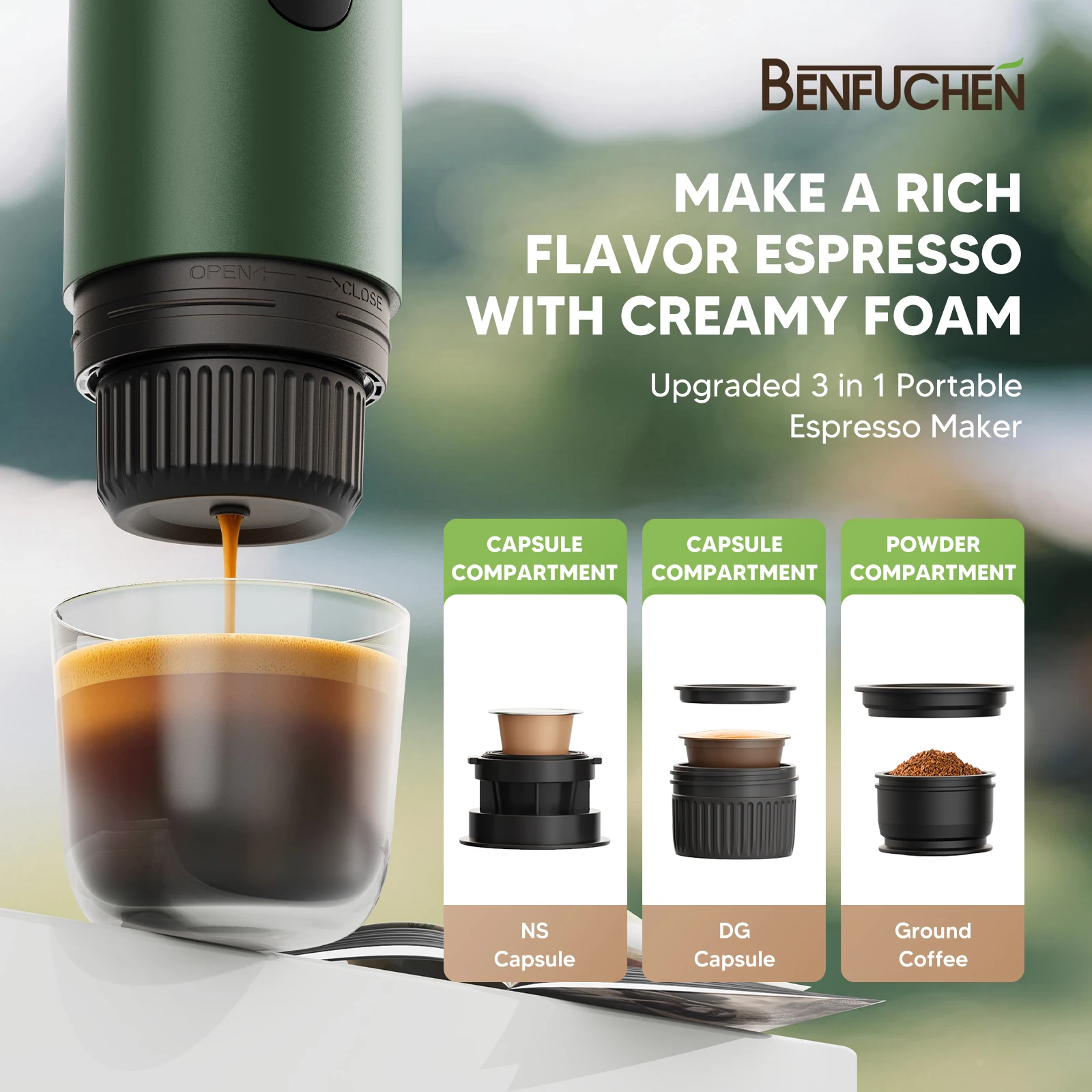 Portable Electric Espresso Machine Travel Coffee Maker 3-in-1  For Camping Self- Heating fit for Ground Coffee & DG,NES capsules