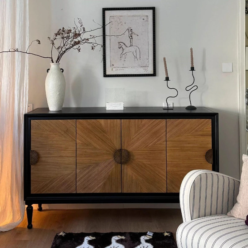 Modern simple solid wood carved dining side cabinet, log wind foyer, entrance cabinet, storage cabinet, partition decorative