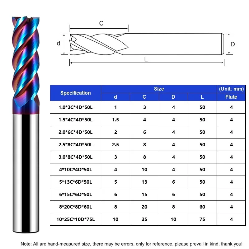 AZZKOR HRC70 4-Flute Tungsten Steel Carbide 10 Piece-set Blue Nano Coating Flat Milling Cutter CNC Mechanical Machining Tools