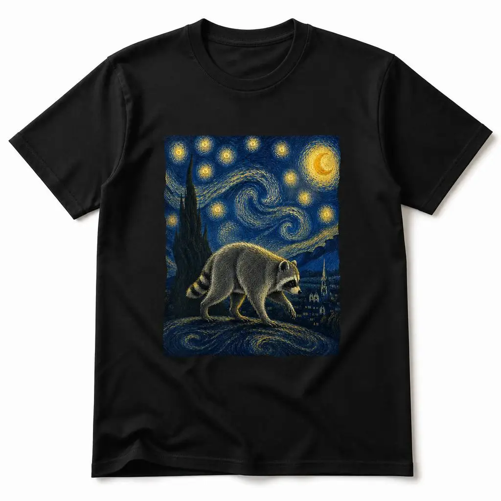 Jimothy Raccoon Starry Night Van Gogh T Shirts Casual Tees Short Sleeve Round Collar T-Shirt Pure Cotton Tops