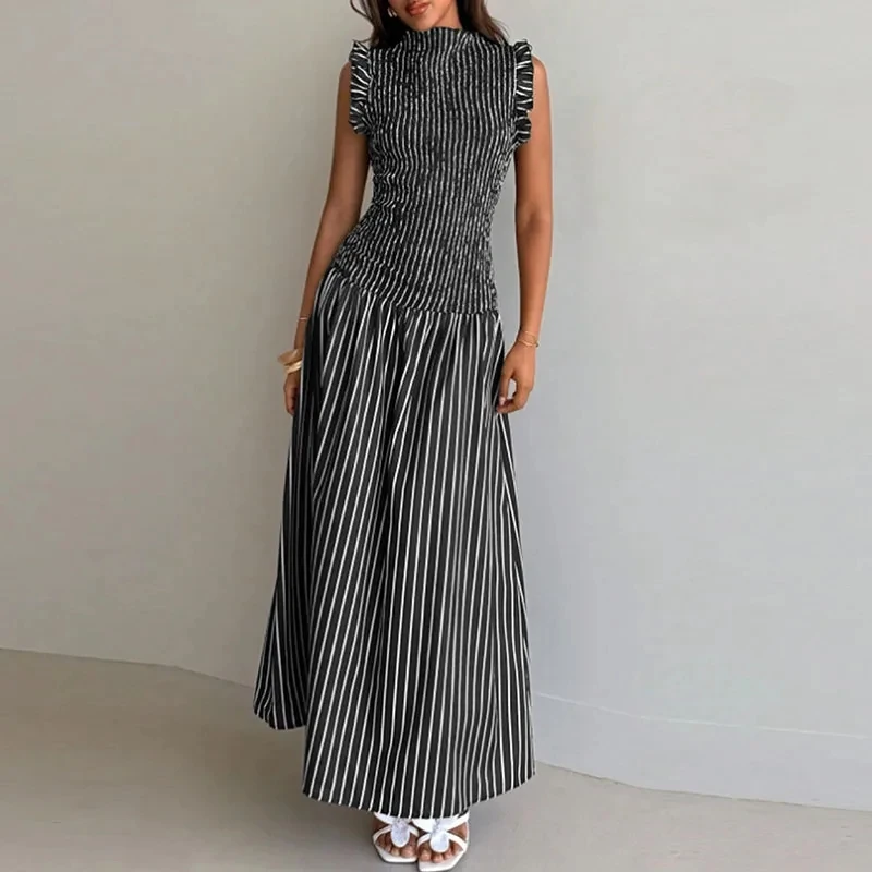 

Elegant Flying Sleeve Slim Maxi Dress Temperament O-neck High Waist Party Dresses Vintage Contrast Color Stripe Printed Dresses