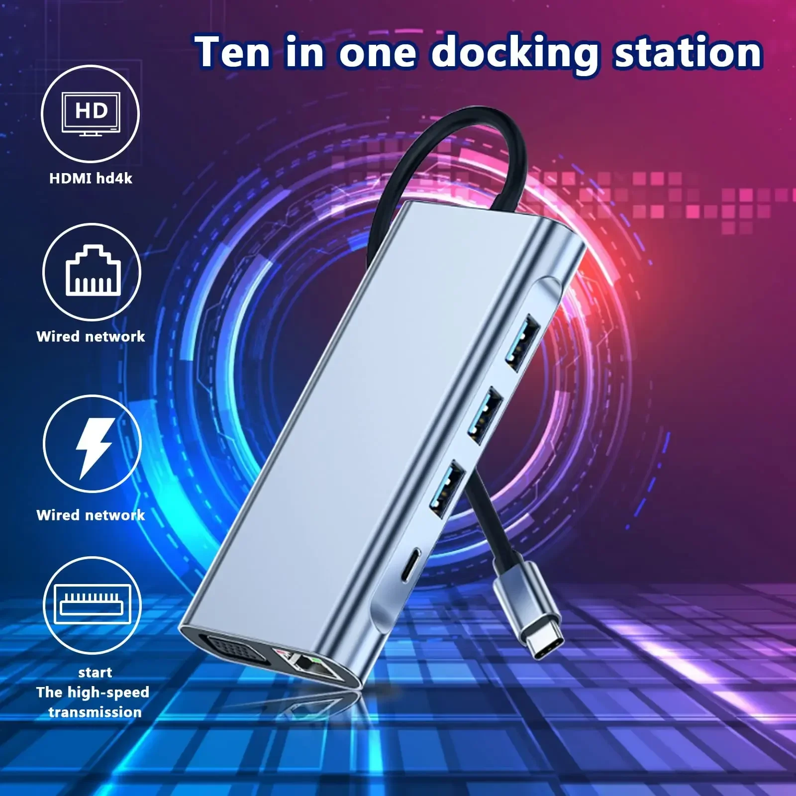 

10 In 1 USB C Hub Docking Station with 4K HDMI VGA Thunderbolt 3 Gigabit Ethernet Audio SD/TF for PC Macbook Air M1 iPad Pro New