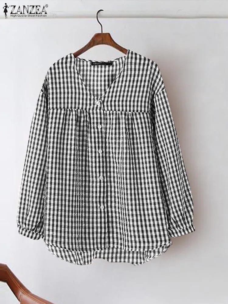 

ZANZEA Autumn Vintage Plaid Checked Blouse Women V Neck Long Sleeve Shirt Fashion Blusas Casual Loose Holiday Tops Tunic Chemise