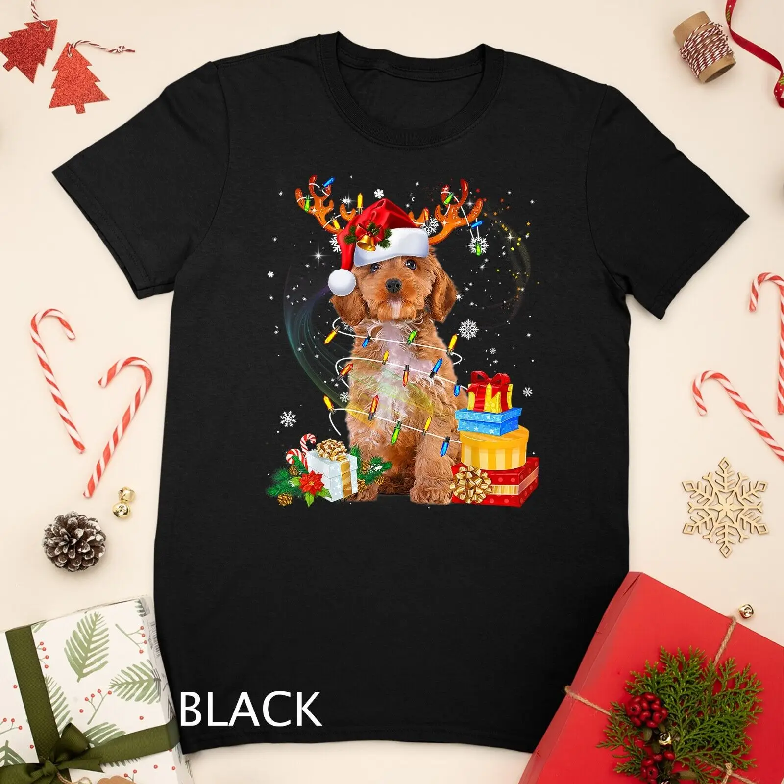 Cockapoo Reindeer Christmas Lights Funny Dog Xmas Gift Unisex T-shirt