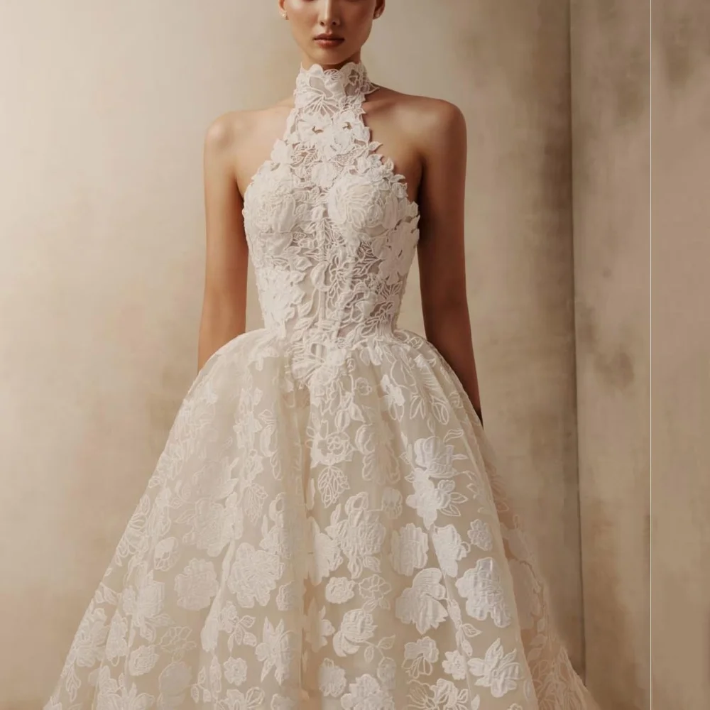 Maßgeschneiderte Spitzen-Halter-Hochzeitskleider, A-Linien-Halter-Brautkleider, luxuriöse Brautkleider mit Schnürung am Rücken, Vestido De Novia