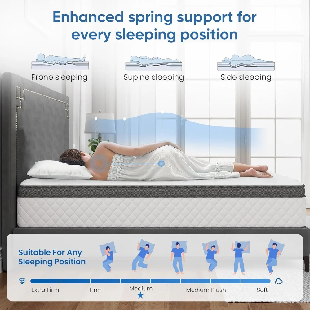 クイーンマットレス、10インチミディアムハイブリッドジェルメモリーフォームマットレス（ポケットコイルと竹炭入り）、フルサイズマットレス