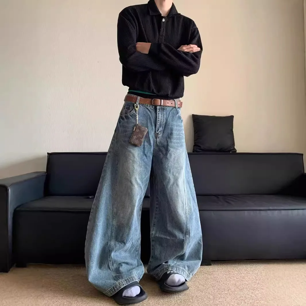 

Retro Washed Loose Straight Baggy Jeans For Men Blue High Waist High Waist Wide Leg Denim Floor Length Trousers
