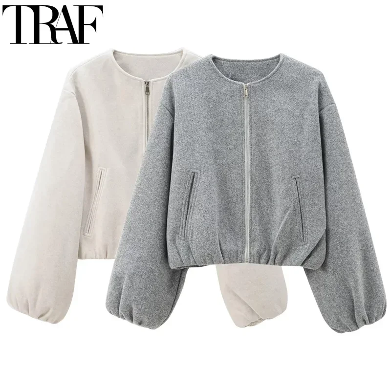 TRAF Gray Bomber Jacket Cropped Solid Coats Woman Jackets Women Autumn Winter Faux Wool & Blends Coats Zip Up Beige Short Coats